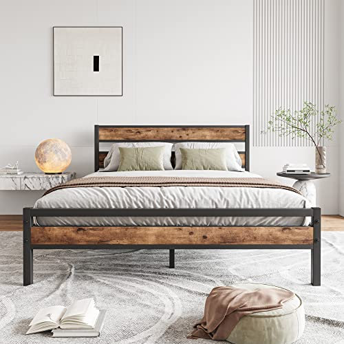HOJINLINERO King Size Bed Frame with Wooden Headboard,Matel Bed Frame King Size Mattress Base,Strong Metal Slats Support No Noise,Solid Metal Bed Frame Double Bed,Black+Rustic Brown