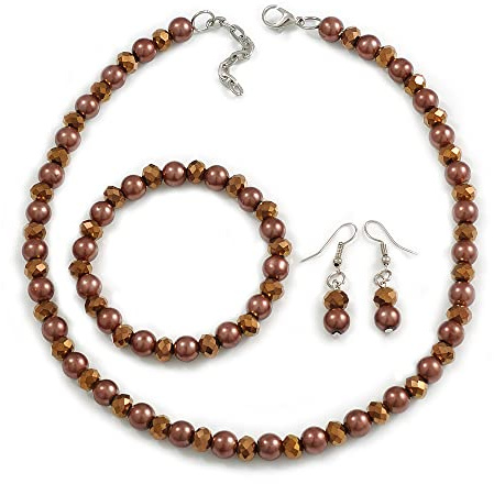 Avalaya Bronze Glass Bead and Brown Faux Pearl Necklace/Flex Bracelet/Drop Earrings Set - 41cmL/4cm Ext/8mm Single Bead