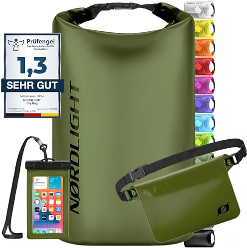 Nordlight wasserdichte Tasche 3er Set (Olivgrün) - Dry Bag 20l + wasserdichte Handyhülle + wasserdichte Hüfttasche | IPX8 Schutz | Mit Verstellbaren Gurten Für Strand, Stand Up Paddling