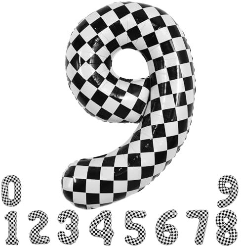 TONIFUL 101,6 cm karierter Nummer 9 Ballon 9. Rennauto Geburtstag Party Supplies Schwarz und Weiß Große Zahl Ballon für Mädchen Jungen 9. Geburtstag Fast Race Auto Flagge Party Dekorationen