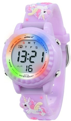 HMJIA 3D Cartoon Design Armbanduhr für Kinder Jungen und Mädchen 3ATM Wasserdicht Kinderuhr mit Wecker/Datum/Stoppuhr/LED (LED Einhorn Lavendel)