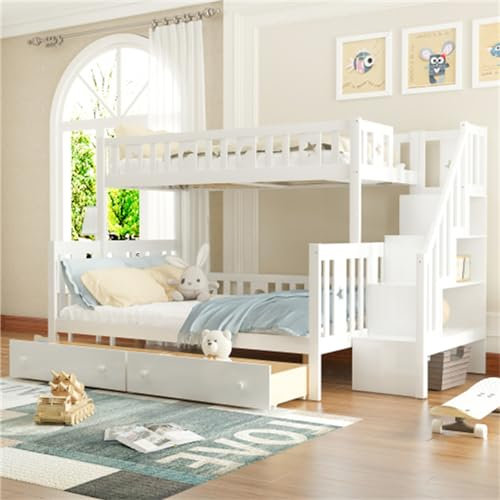 Tcewhhy Kinderbett 90x200/140x200 cm Etagenbett Aus Massivholz Mit Sicherheitstreppe Und Lattenrost Hochbett Mit Rausfallschutz Jugendbett Bodenbett Gästebett Weiß Mit Schublade