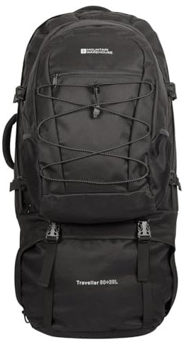 Mountain Warehouse Traveller Rucksack 80 L – Weicher Reiserucksack, Atmungsaktiver Tagesrucksack – Ideal für ganzjähriges Camping, Wandern, Draußen, Trekking Schwarz Einheitsgröße