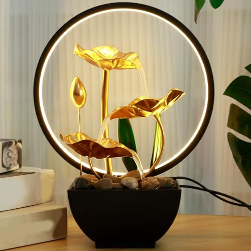 Foribyw Indoor Tabletop Fountain Water Feature with Rocks and LED Ring Lights, Iron, Style C, 28x22x13cm
