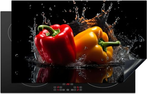 KitchenYeah© Protection Pour Plaque Induction Deco Cuisine Protégé Cache De | 83x51 cm - Cuisson Vitroceramique Piment doux - Eau - Noir - Légume - Rouge - Jaune
