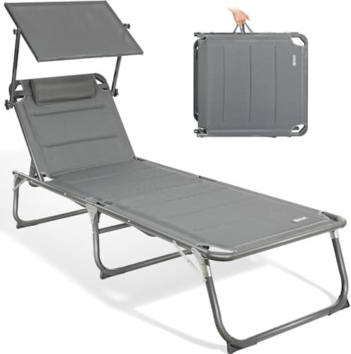 Homecall Sonnenliege Klappbar Mit Dach, Kopfstütze, 5-Fach Verstellbare Rückenlehne, 200 x 70 cm Gartenliege Wetterfest, Garten Liegestuhl Klappbar Leicht, Bis 180 kg für Garten, Balkon - XXL, Grau