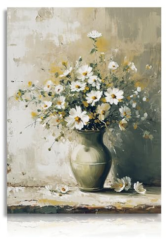 NymphFable Vintage Blume Leinwand Bilder Gänseblümchen Blume in Vase, klassische Ölgemälde Wandposter für Schlafzimmer Wohnzimmer Dekor 12x16 ohne Rahmen