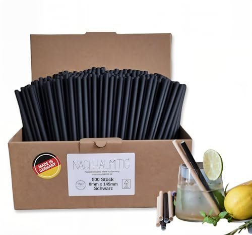 NACHHALMTIG Strohhalme Trinkhalme Papier schwarz kurz 500 St. 8mmx 145mm MADE IN GERMANY hitzebeständig bis 70°C ideal für warme Getränke, Aperol, Cocktails und Smoothies
