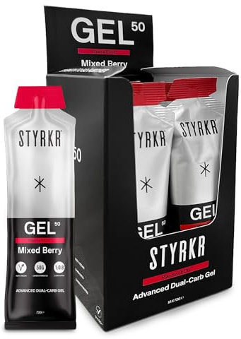 GEL50 Energy Gels by Styrkr - 50g of Carbs - Pack of 12 Berry Flavoured Energy Gels for Cycling & Running - Approved by Endurance Athletes - Advanced Dual-Carb Formulation - GEL50 Berry 12x Pack