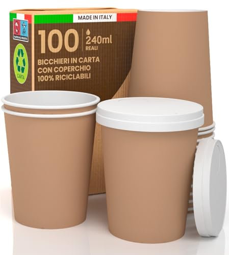 100 Bicchieri Caffè ASPORTO in Carta Avana 240ml + 100 Coperchi in Carta con Beccuccio Bevande Calde e Fredde Tè Infusi Acqua Cappuccino Ecologici Biodegradabili Tazze Monouso Made in Italy