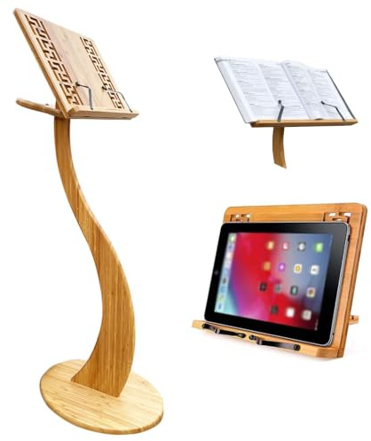LANYANZI Tradition Notenständer aus Holz, 2 in 1 Bambus Notenständer, Professioneller Notenbuchhalter, mit Retro Hohl Elegantes Muster, Gitarre Violine Notenständer