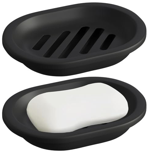 AstraLoom 2er-Pack doppelschichtige Seifenschale, Kunststoff Seifenschale,selbstentleerend & antihaftbeschichtet - für Bad/Küche/Schwamm (Schwarz)