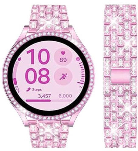 DEALELE Strap and Case Compatible with Samsung Galaxy Watch 7 40mm, 20mm Bling Rhinestone Diamond Metal Bands with PC Protective Case Cover Replacement for Women Men (40mm, Pink)
