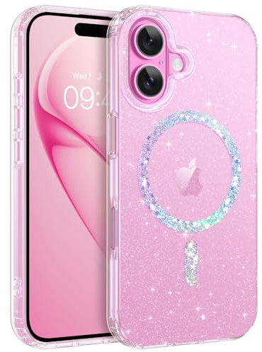 DUEDUE für iPhone 16 Hülle Glitzer, Handyhülle Klar [kompatibel mit magnetischer Kabelladung] [Nie-Vergilbung] Militärischer Schutz Stoßfest Durchsichtig Magnetisch Hülle Glitter 6,1-Zoll, Transparent