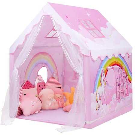 decalsweet Kinderzelt Indoor Spielhaus Prinzessin für Mädchen, Kinderspielhaus Große mit Fenstern & Tragetasche, Spielzelt Kinder Indoor und Outdoor für Kinderzimmer Spielzimmer Garten, Einhorn