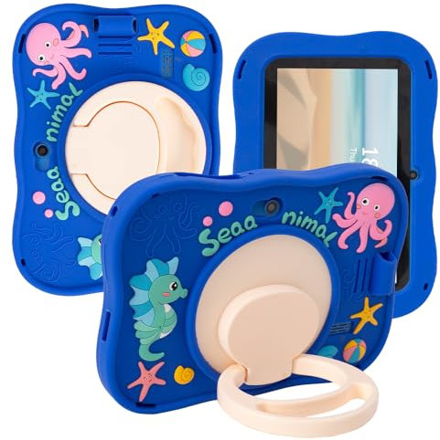 AKNICI Silicone Hülle für Haehne 7 Zoll Tablet PC/TopLuck Tablet 7 Zoll/PRITOM K7 PRO/EagleSoar Kinder Tablet 7 Zoll/Veidoo V88/XGODY T702PRO/Semeakoko 7 Zoll, 360° Drehung Ständer/Griff, Dunkelblau