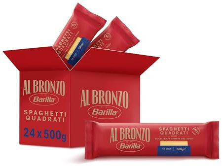 Barilla Pasta Al Bronzo Spaghetti Quadrati 100% Grano Italiano, Pasta Trafilata Al Bronzo con Lavorazione al Bronzo Grezzo, Spesso e Corposo, Alta Tenuta di Sugo e Cottura, 24 Confezioni da 500 g