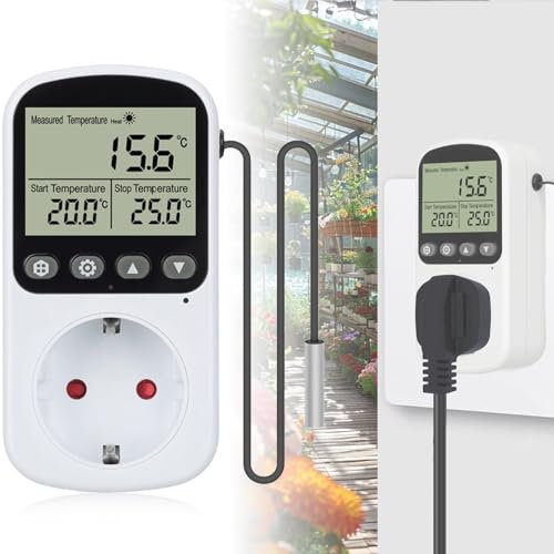 Presa termostatica digitale: regolatore di temperatura, interruttore di temperatura, impermeabile, grande schermo regolatore di temperatura con sonda per serra, acquario, germinazione della semina
