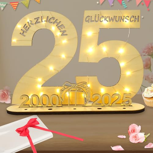 Seutgjie Deko 25 Geburtstag Frau Mann, Geldgeschenke Geburtstag 25 Silberhochzeit Originelle Holz Schild Gästebuch mit LED Lichterkette Hochzeitstag Jubiläum Tischdeko 2000-2025