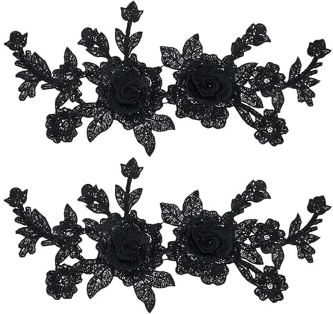 2 Pcs Flower Embroidery Lace Applique Black Embroidered Floral Appliques Embroidered Iron on Patch Rose Sew on Patches for Jeans Sweater Hats Shoes Bags DIY Sewing Crafts