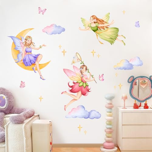 Tanlaby Feen Elfen Wandaufkleber Schmetterling Mädchen Wandsticker Wolken Mond Fee Wanddeko Abnehmbar Wandkunst Aufkleber für Babyzimmer Kinderzimmer Schlafzimmer Wohnzimmer
