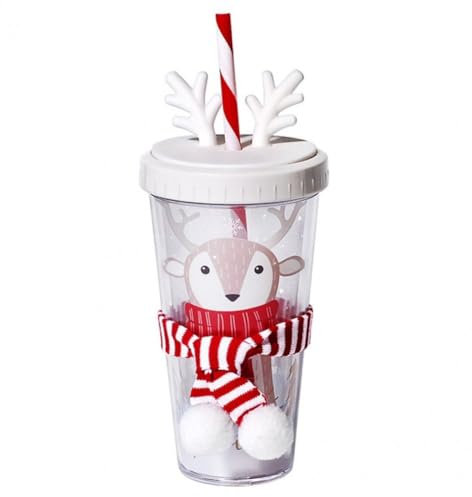 Haowul Tasses De Paille De Noël en Plastique avec Couvercle, Tasse De Glace À Double Paroi, Bouteille D' De Thé À Bulles, Verres Réutilisables, Cadeaux De Noël Mignons