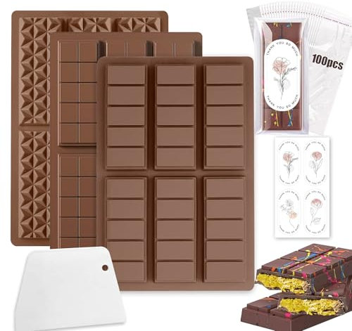 Diaxilu Schokoladenform Silikon, 6 Tafeln Tief Schokoladentafel Silikonform mit Schaber und Tasche und Aufkleber, Schokolade Form für Schokolade Praline Süßigkeiten (3 Stück Schokoladenform Set)