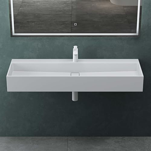 Mai & Mai Waschbecken Aufsatzwaschbecken Hängewaschbecken aus Mineralguss 120x40x14cm in Weiß matt mit Armaturloch Col6028