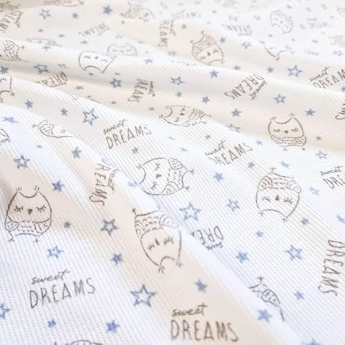 PAWOTEX Ripp jersey Rib Jersey Bedruckt Ribstrick Elastische Ökotex Rib Jersey Meterware für Bekleidung Kinder, Mädchen, Jungen oder Frauen Eule 100x50cm 240g