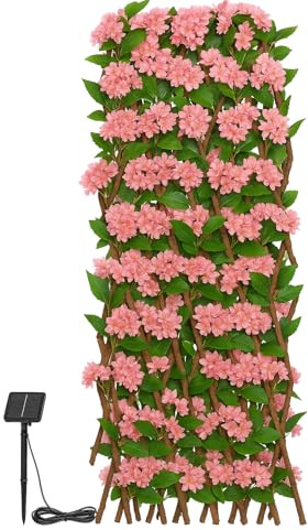 RANRHA Solar Powered LED Artificial Flower Wall – Expandable Trellis with Lifelike Pink Flowers & Green Leaves for Outdoor Garden, Patio, Balcony & Home Decor