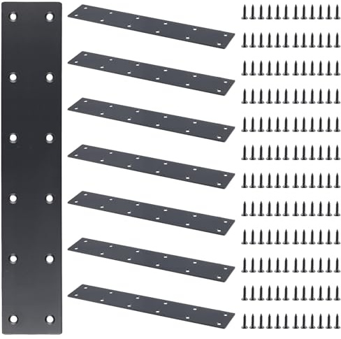 PINGEUI 8 Pack Black Flat Joining Plates, 275 x 50mm Flat Metal Brackets with Screws, Flat Connecting Plates for Fixing Wood Repair Connector