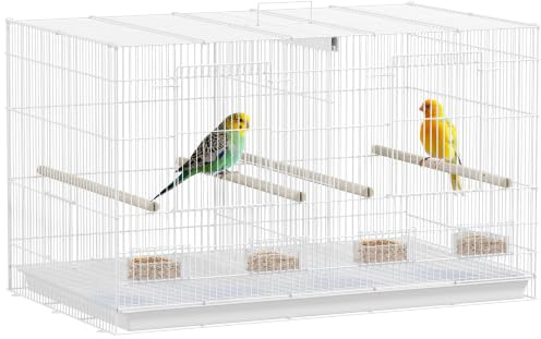PawHut Bird Cage with Divider, 76 x 46 x 46cm White | Parrot Cage with 4 Wooden Perches, Slide Out Tray, 4 Feeders for Budgie, Lovebird, Canary, Finches