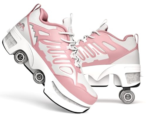 Rollschuhe Kinder, Schuhe mit Rollen für mädchen, Roll Schuhe, 2-in-1 Rollschuhe Schuhe mit Versteckten Rädern - Quad Skates für Fitness, Freizeit und Urban Skating - Damen Herren, Pink-33