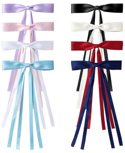 TRKETK 8 pinzas para el pelo con lazo para el pelo, pasadores de pelo largo de satén colorido para mujeres y niñas, cinta de borla con cola larga, accesorios elegantes para el cabello para mujeres