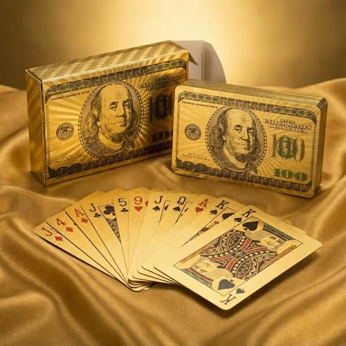 MIJOMA Deluxe Spielkarten – 54 Blatt Pokerkarten im Geldschein-Design – wasserfeste Karten aus Kunststoff – stylisches Kartenspiel für Erwachsene (Gold)