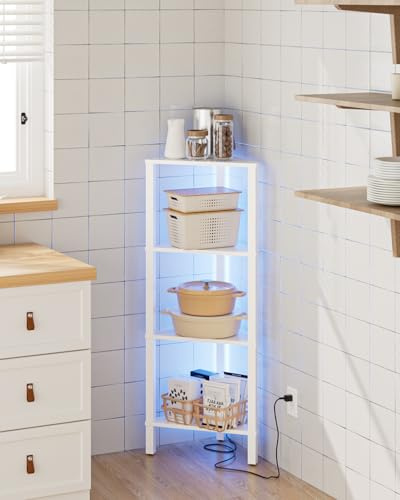 Apetaccat Eckregal mit 4 Ebenen und LED-Beleuchtung, Standregal, dreieckiges Stand-Displayregal, platzsparendes Aufbewahrungsregal für Wohnzimmer, Schlafzimmer, Küche & Bad, Weiß, 37 × 27 × 95 cm