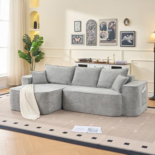 A ALFRESCOOL Modulares Sofa, L Sofa mit Schlaffunktion, Boneless Couch, Ecksofa mit Chaiselongue, XXL-Tiefsitz, Chenille, mit Kissen & Seitentaschen, Ohne Montage, 262×144×65cm (Grün)