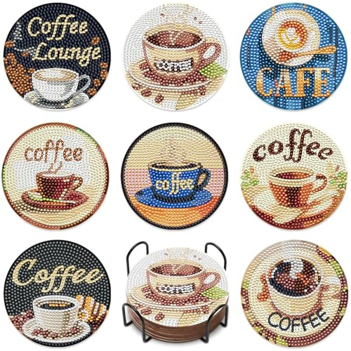 Yasrlvun 8-teiliges Kaffeetassen-Untersetzer-Set mit Diamantmalerei – DIY-Diamant-Untersetzer-Set für Büro, Zuhause und Küche – Untersetzer mit Diamantbildern für Kaffeetassen