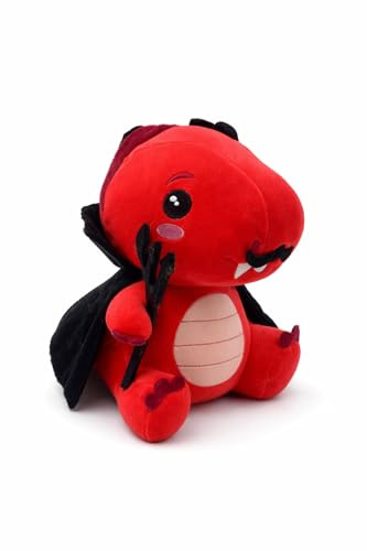 Teufel Dino Plüschtier 24 cm – Kawaii Dinosaurier Dämon mit Umhang, Halloween Kuscheltier rot, Süße Herbst Deko