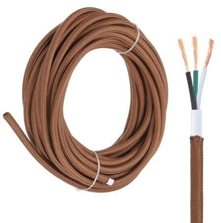 QUARKZMAN 25 Pies Cable De Lámpara Forrado UL Listed 18AWG 3 Conductor | De Tela, Cordón Industrial Vintage De Tela, Cable Eléctrico Trenzado SVT 300V, Para Proyectos De Iluminación