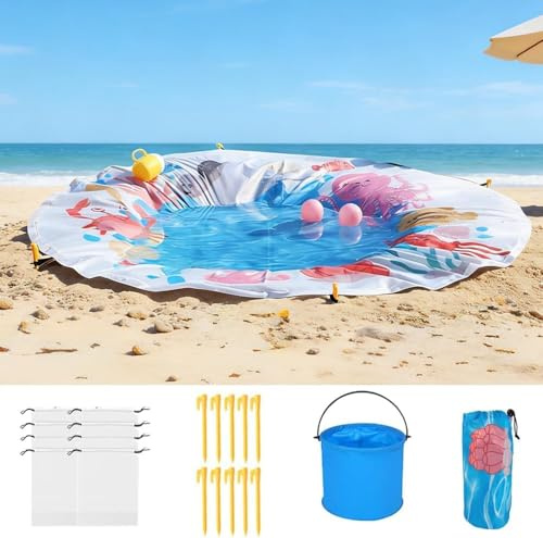 Strand Planschbecken, Tragbares Strand Becken für Kinder, wasserdichte Strand Poolmatte mit Tragetasche, 2 in 1 Stranddecke mit Faltbarem Eimer und Befestigungsnägeln, Planschbecken für Kinder