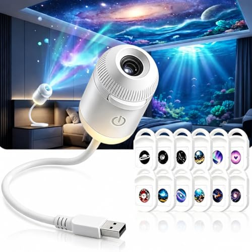 Proiettore notturno olografico dinamico HD Smart 5D, proiettore di stelle HD plug and play con pellicole di proiezione 3/6/12/24, plug-and-play, regolabile a 360°, alimentato tramite USB, planetario