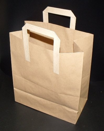 EPOSGEAR Large 10 x 15.5 x 12 (WxW+GxH) (254mm x 394mm x 305mm) Brown Pure Kraft Paper SOS Takeaway Food Grocery Carrier Bags with Flat Handles (250)