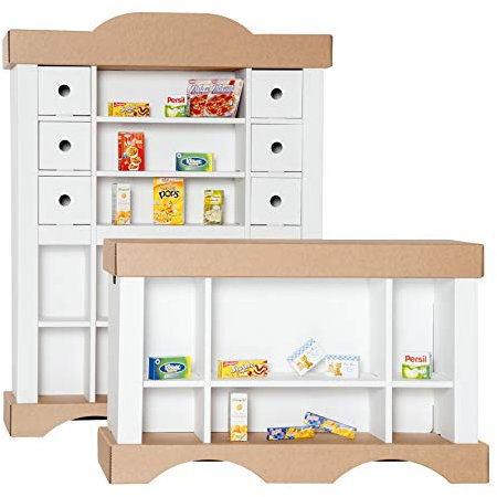 POLLY Kinder Kaufmannsladen aus Karton inkl. 20 Miniaturen | Kaufladen mit Zubehör Set und Theke | Mit Spielzeug Lebensmittel