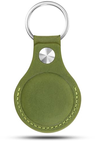 Schlüsselanhänger für AirTag aus Echtleder – Kompatible Schutzhülle für AirTag – Lederhülle für Schlüssel, Taschen, Haustierzubehör – Anhänger mit sicherem Druckknopf (Khaki)