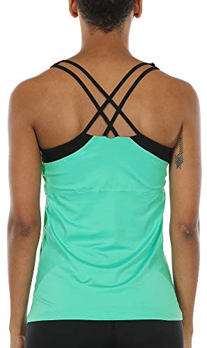 icyzone Damen 2 in 1 Sport Yoga Tops mit BH - Gym Shirts Fitness Trainings Tank Top (S, Mintgrün)