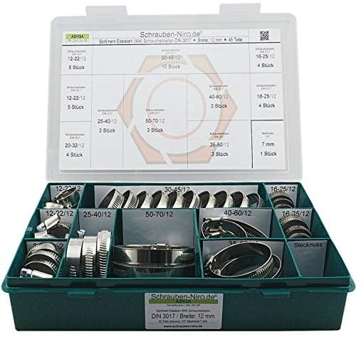 Sortiment A2 Edelstahl Schlauchschellen, Bandbreite 12 mm, Spannbereiche von 12 bis 70 mm, Set mit 45 Teilen inklusive 7 mm Steckschlüsseleinsatz, Material W4 (entspricht V2A)