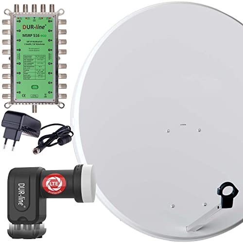 DUR-line MDA 90 Hellgrau - Digitale 16 Teilnehmer Satellitenschüssel Komplett-Anlage mit Premium Multischalter und LNB [Camping, Astra 19,2°, DVB-S/S2, Full HD, 4K, 3D]