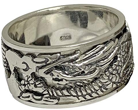 ForFox Bague tournante Dragon Chinois en Argent Sterling 925 Massif Bijoux orientaux Vintage pour Homme Femme 12mm Taille 66