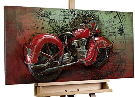 KunstLoft Metallbild 3D | 100% HANDGEFERTIGT | 100x50x6,5cm | Wandbild Metall Deko 'Eisernes Pferd' | Motorrad | Grau Rot | Metall Wanddeko Wohnzimmer